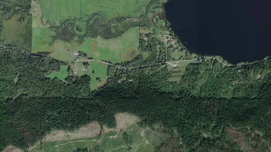Aerial view of Canim Lake Resort and surroundings