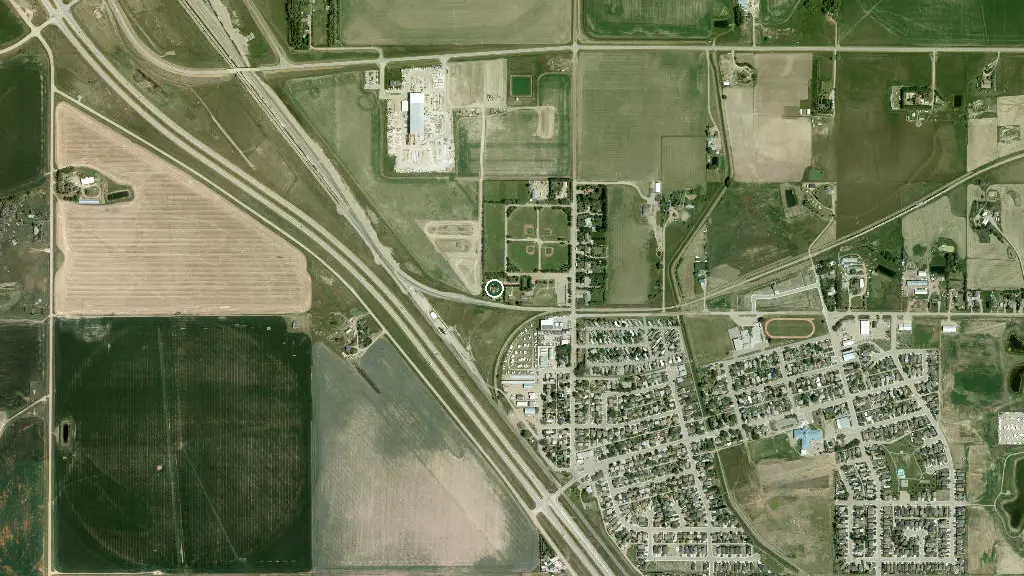 Aerial view of Coalhurst Miners Memorial Campground and surroundings