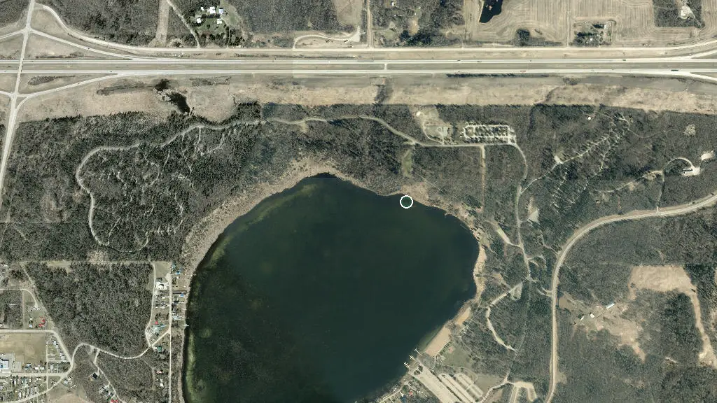 Aerial view of Wabamun Lake Provincial Park and surroundings