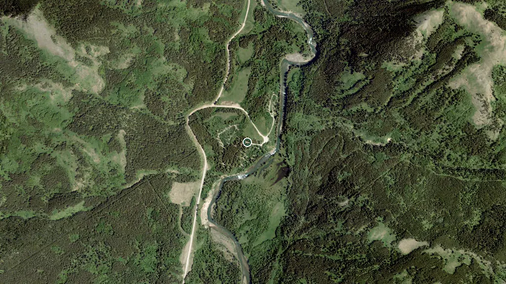 Aerial view of Castle Falls Campground, Castle  Provincial Park and surroundings