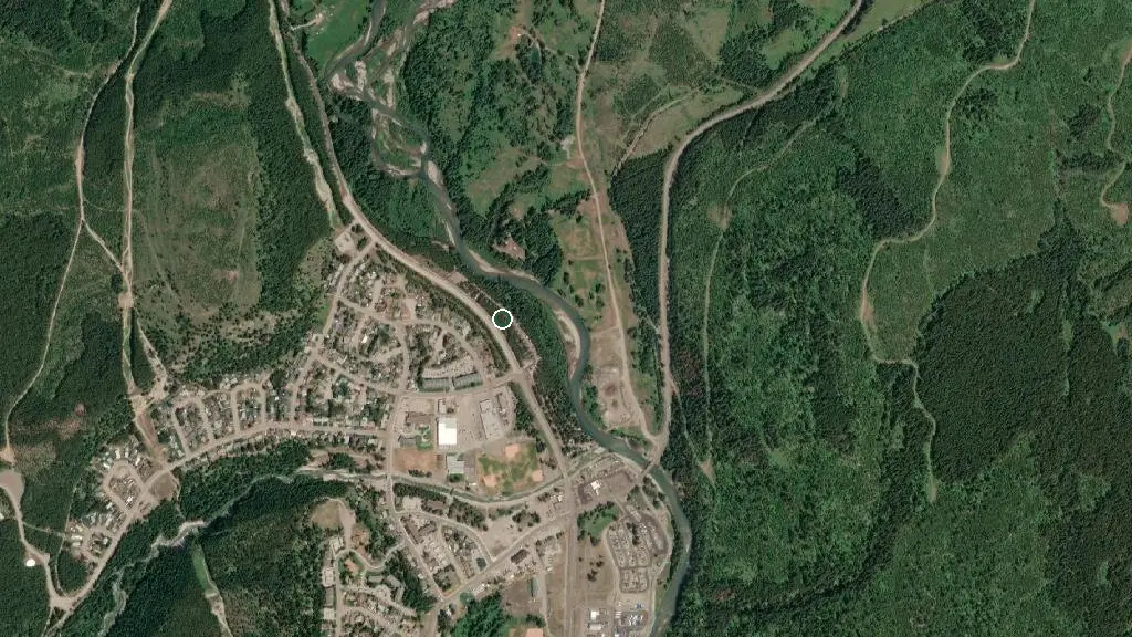 Aerial view of Elkford Municipal Campground and surroundings