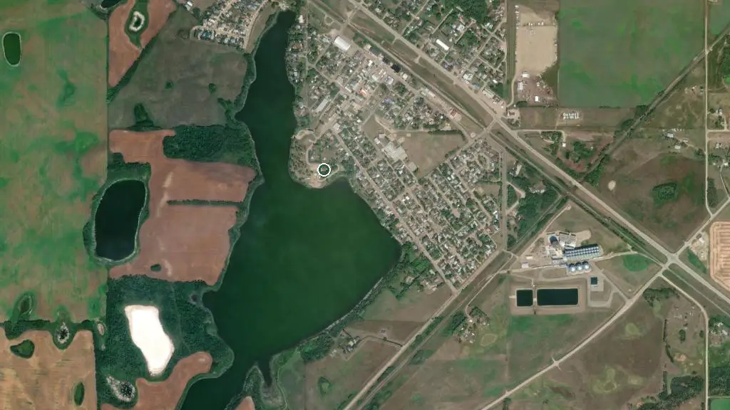 Aerial view of Alix Lake Campground and surroundings