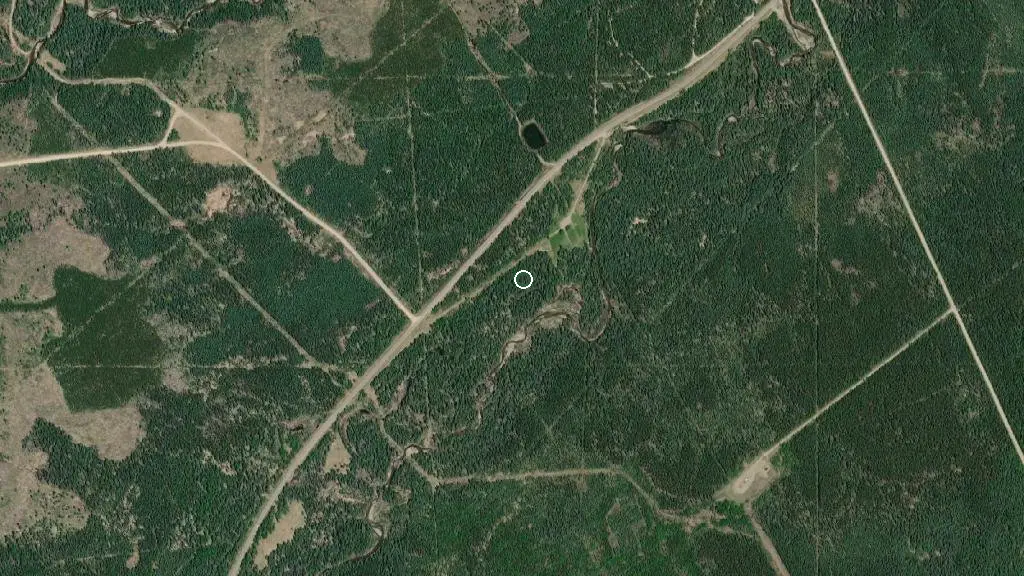 Aerial view of Prairie Creek Group Camp Provincial Recreation Area and surroundings