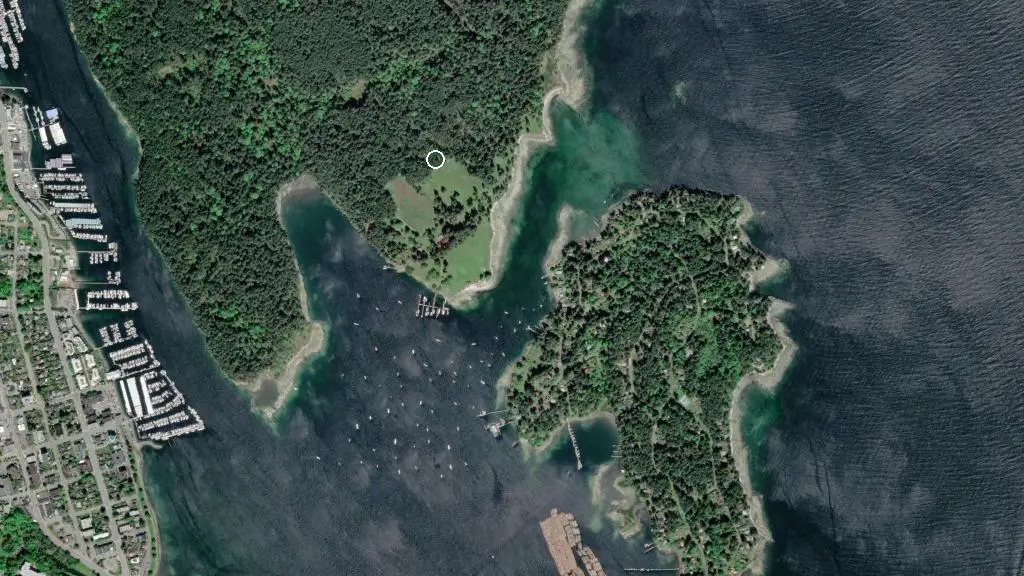 Aerial view of Saysutshun (Newcastle Island Marine) Park and surroundings
