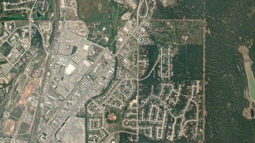 Aerial view of Rocky Pine RV Park and surroundings