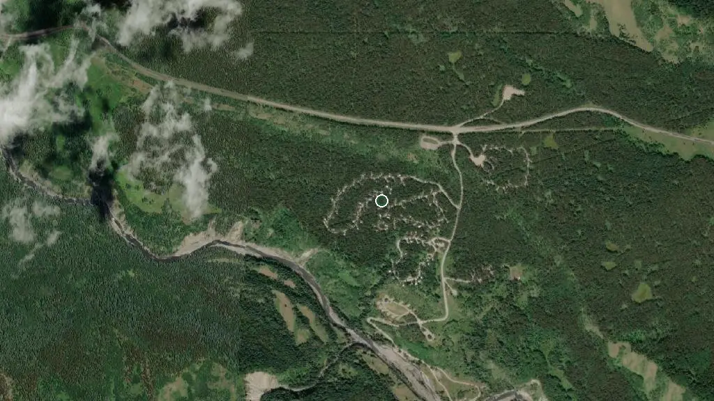 Aerial view of Sandy McNabb Campground, Sheep River Provincial Park and surroundings