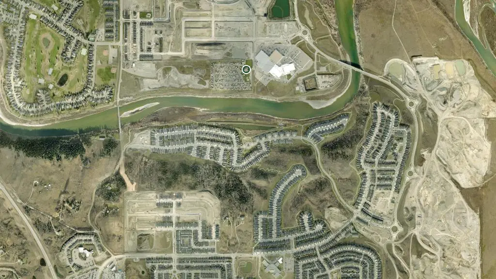 Aerial view of Bow Riversedge Campground and surroundings