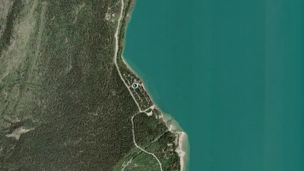 Aerial view of Kusawa Lake Campground and surroundings