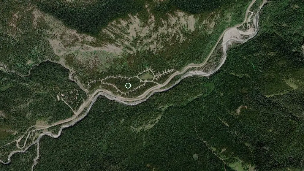 Aerial view of Bluerock Campground, Sheep River Provincial Park and surroundings
