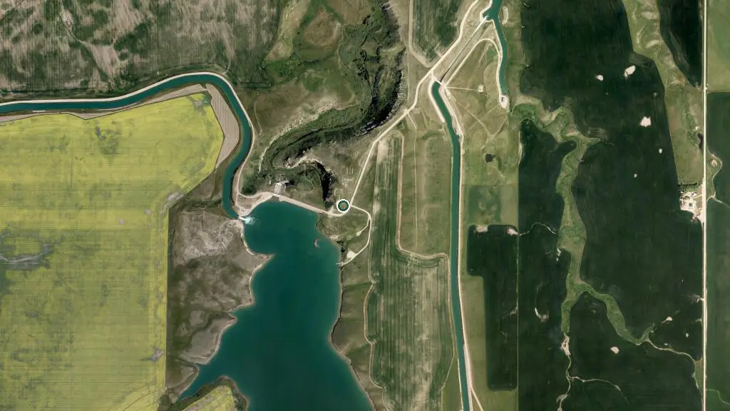 Aerial view of Jensen Reservoir Provincial Recreation Area and surroundings