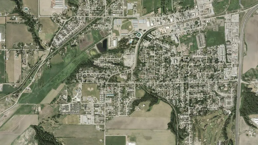 Aerial view of Armstrong Kinsmen RV Park and surroundings
