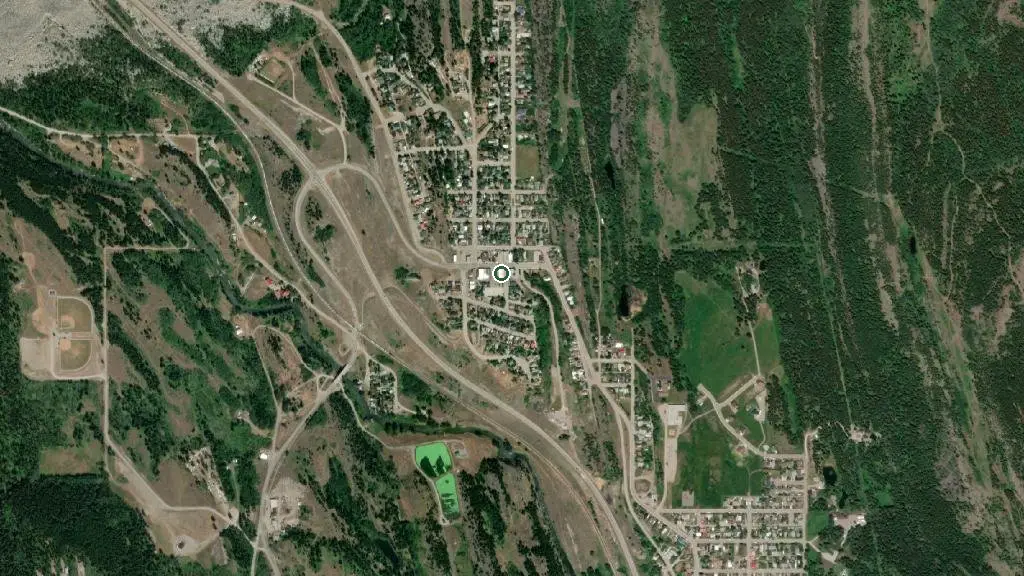 Aerial view of Castle River Rodeo Campground and surroundings