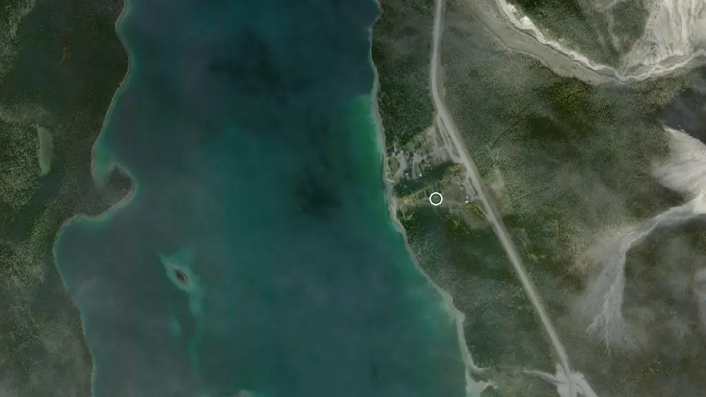 Aerial view of Muncho Lake RV Park and surroundings