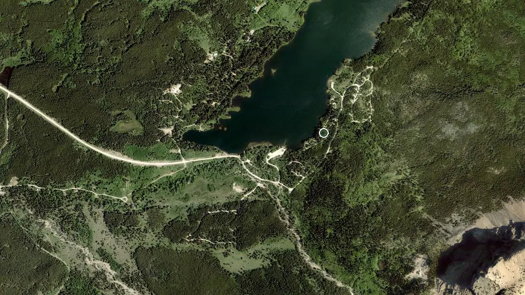 Aerial view of Beaver Mines Lake Campground, Castle  Provincial Park and surroundings