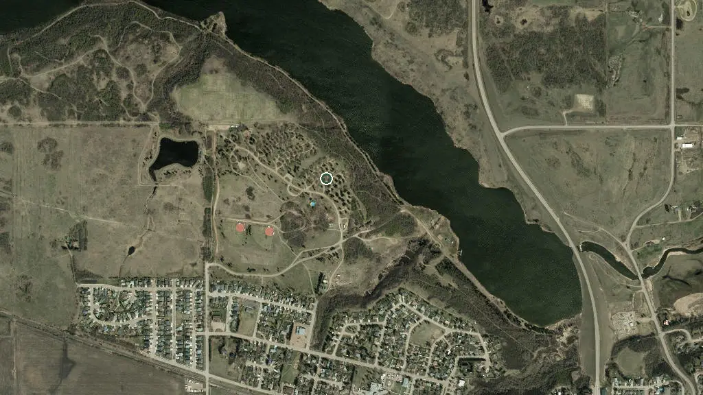 Aerial view of Vermilion Campground, Vermilion Provincial Park and surroundings