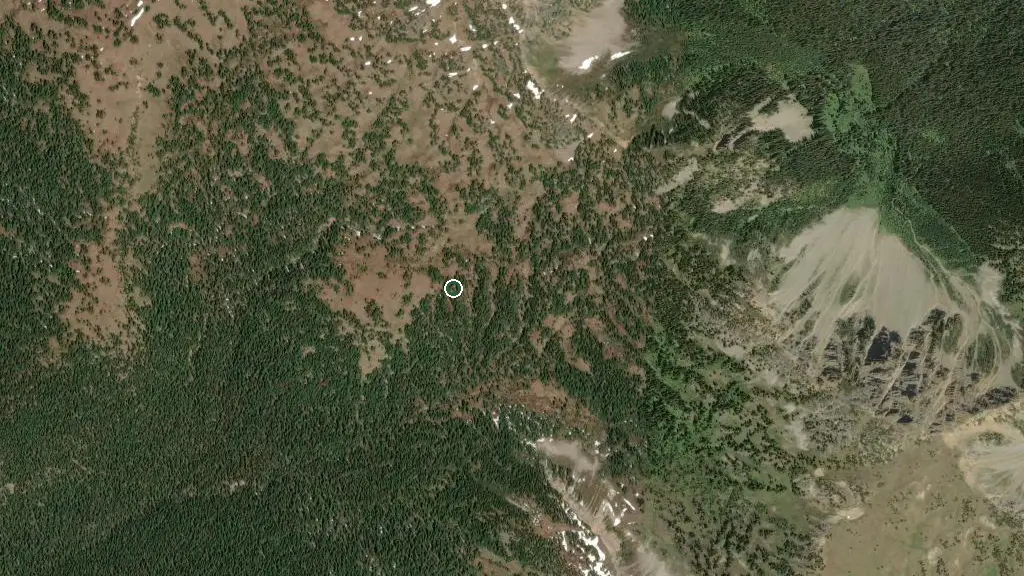 Aerial view of Kicking Horse Campground and surroundings