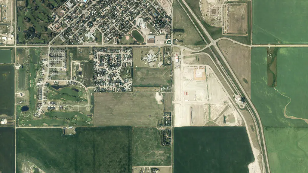 Aerial view of Vulcan Municipality Park (Camp Ground) and surroundings