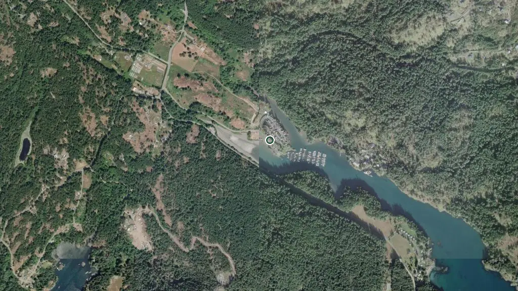 Aerial view of Pedder Bay RV Resort & Marina and surroundings