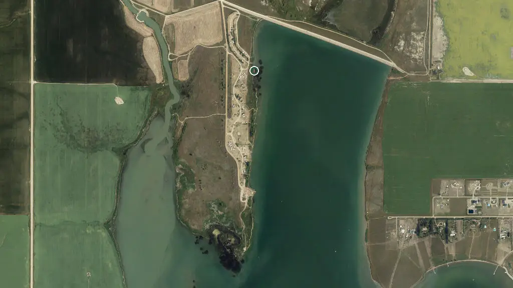 Aerial view of Lake McGregor Provincial Recreation Area and surroundings