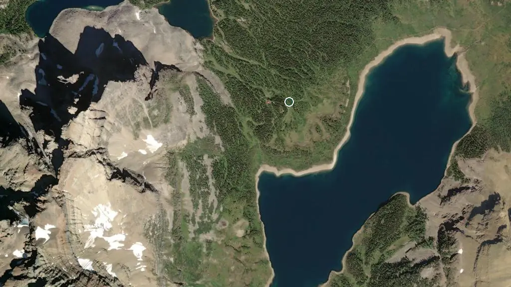 Aerial view of Lake Magog Backcountry Campground and surroundings