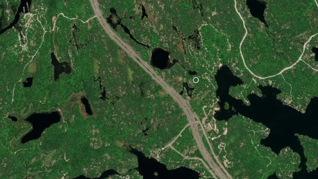 Aerial view of Six Mile Lake Provincial Park and surroundings