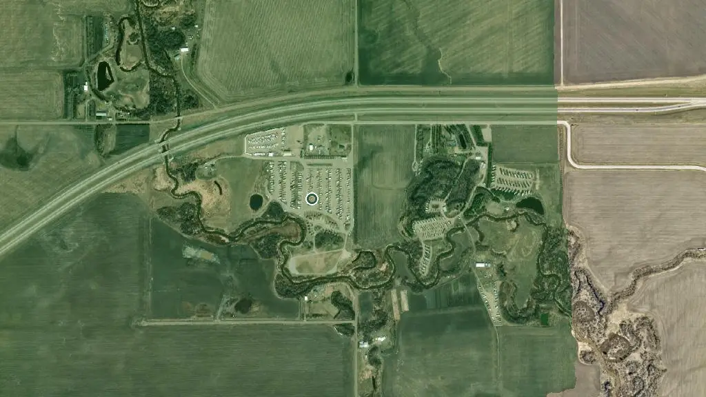 Aerial view of Happy Trails Campgrounds & Cabins and surroundings