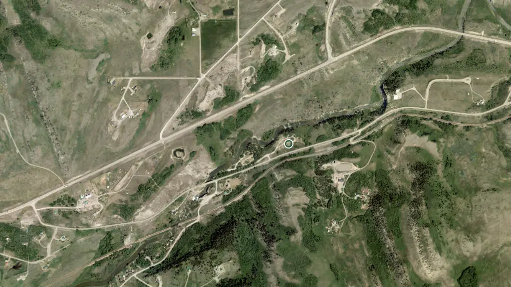 Aerial view of Lundbreck Falls Provincial Recreation Area and surroundings